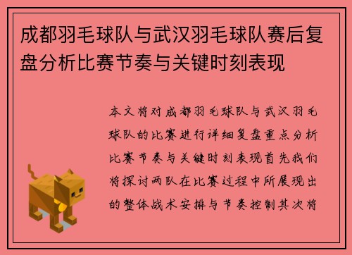 成都羽毛球队与武汉羽毛球队赛后复盘分析比赛节奏与关键时刻表现